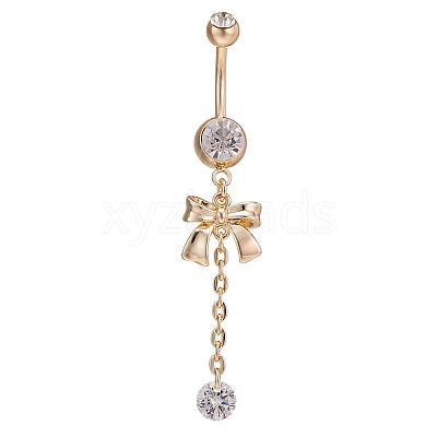Piercing Jewelry Real 18K Gold Plated Brass Rhinestone Bowknot Navel Ring Belly Rings AJEW-EE0001-67-1
