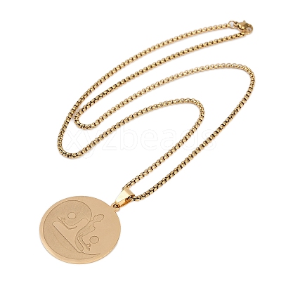201 Stainless Steel Flat Round Buddhist Meditation Yoga Pendant Necklaces NJEW-K283-33G-1