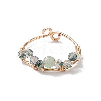 Round Natural Moss Agate & Apatite & Amethyst Open Cuff Rings RJEW-TA00129-1