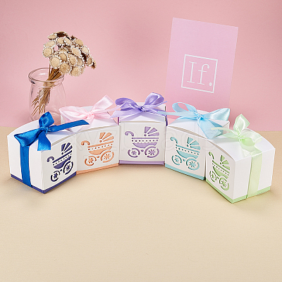 Hollow Stroller BB Car Carriage Candy Box wedding party gifts with Ribbons CON-BC0004-97B-1