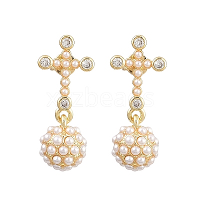 Brass Micro Pave Clear Cubic Zirconia Cross with Half Round Dangle Stud Earrings EJEW-L275-05G-1
