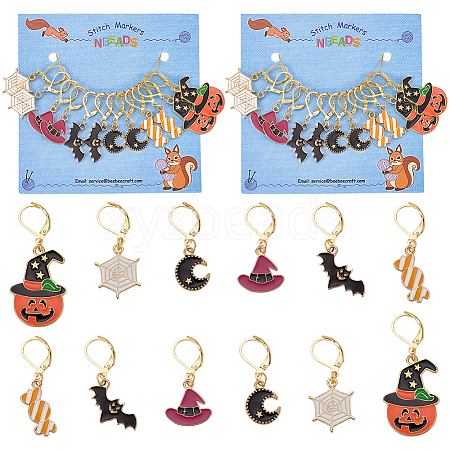 Halloween Theme Alloy Enamel Spider Web/Bat/Wicth Hat Charm Locking Stitch Markers HJEW-PH01708-1