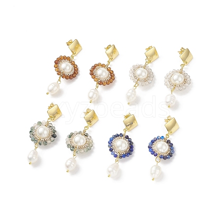 4 Pair 4 Style Natural Mixed Gemstone & Shell Pearl Beaded Flower Dangle Stud Earrings EJEW-JE05076-1