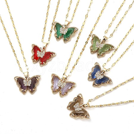 Butterfly Light Gold Brass Micro Pave Cubic Zirconia Pendant Necklaces NJEW-E105-04KCG-1