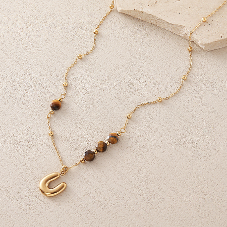 European Faceted Natural Tiger Eye 304 Stainless Steel Alphabet Pendant Necklaces QN9691-21-1