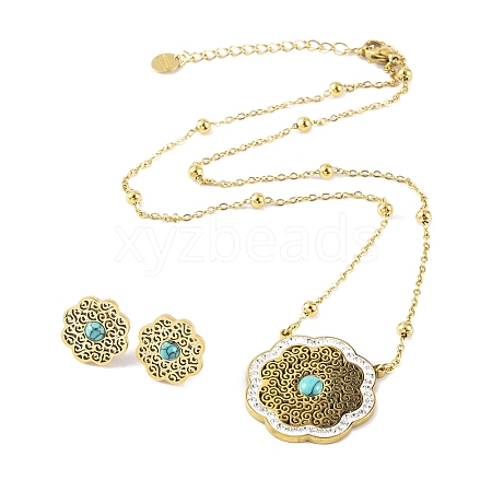 Synthetic Turquoise Stud Earrings & Pendant Necklaces Sets SJEW-M100-02C-G-1