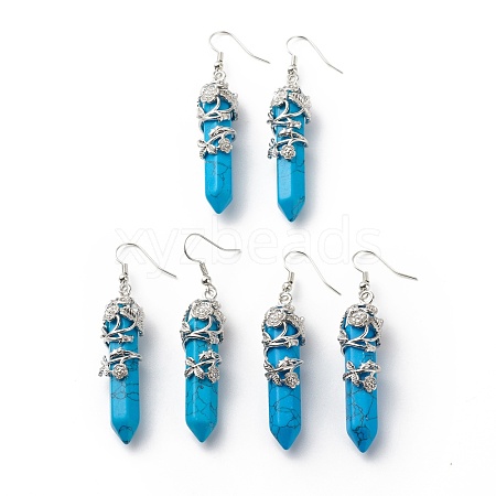 Synthetic Turquoise Bullet with Flower Dangle Earrings EJEW-G300-02P-08-1