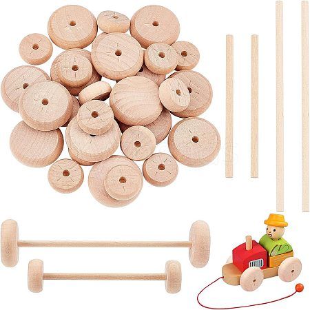 Olycraft 32Pcs 2 Style Schima Wood Vehicle Wheels and 20Pcs 2 Style Schima Wood Sticks DIY-OC0004-21-1