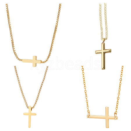 4Pcs 4 Styles Brass & 304 Stainless Steel Sideways Cross Box Chain Necklaces for Women NJEW-UN0001-67-1