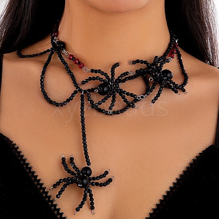 Gothic Spider Plastic Beaded Halloween Pendant Necklaces for Women PW-WG57971-02-1