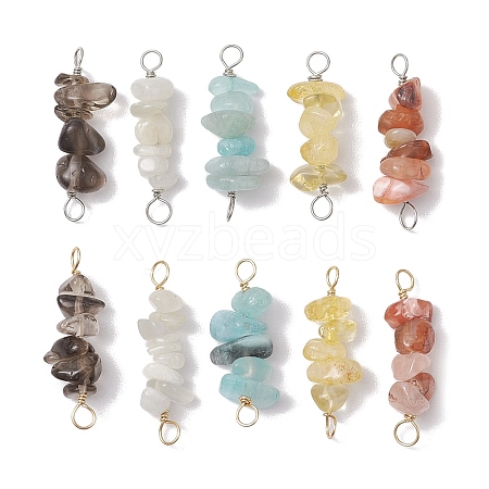 10Pcs 5 Styles Constellation Natural White Moonstone & Aquamarine & South Red Agate & Smoky Quartz & Rose Quartz Copper Wire Wrapped Chip Beaded Connector Charms PALLOY-JF02905-05-1