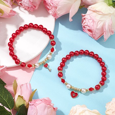 2Pcs Valentine's Day Theme Acrylic Pearl Round Beaded Stretch Bracelets BJEW-JB11422-1