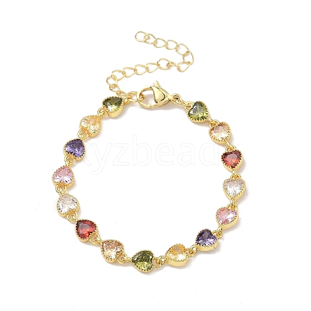 Heart Brass Pave Cubic Zirconia Link Chain Bracelets for Women BJEW-P385-07G-1