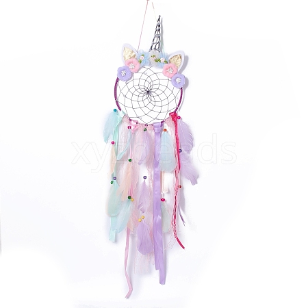 Handmade Unicorn Woven Net/Web with Feather Wall Hanging Decoration HJEW-A001-01B-1