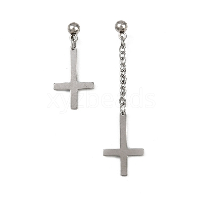 Christian Upside Down Cross 201 Stainless Steel Dangle Stud Earrings EJEW-P314-01C-P-1