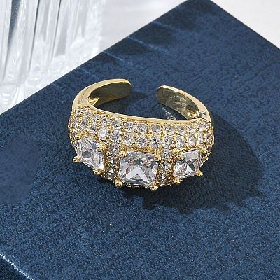 Brass Micro Pave Cubic Zirconia Cuff Open Rings for Women RJEW-L343-13G-03-1