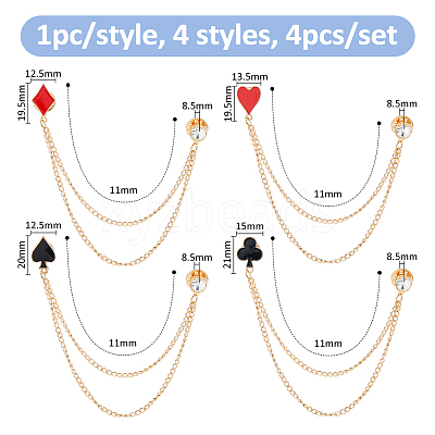 4Pcs 4 Styles Playing Card Alloy Rhinestone Lapel Pin Backs AJEW-FH0007-70-1