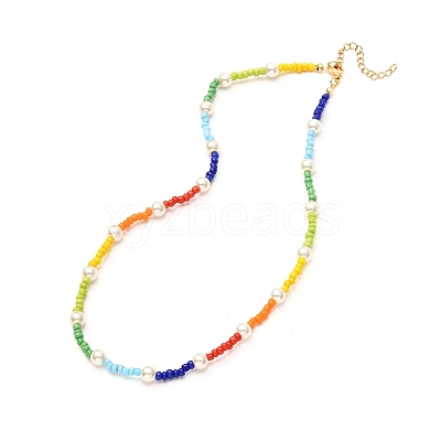 Glass Seed & Glass Pearl Beaded Necklace for Girl Women NJEW-TA00007-1