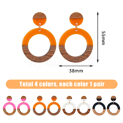 3 Pairs 3 Colors Resin & Wooden Donut Dangle Stud Earrings with 316 Surgical Stainless Steel Pins EJEW-FI0002-47-1