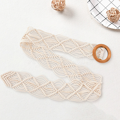 Cloth Woven Rhombus with Wood Chain Belts for Women AJEW-WH20019-125B-1