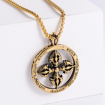 Cool Punk Style 304 Stainless Steel Cross Round Ring Dorje Vajra Pendant Necklaces Jewelry FU6625-2-1