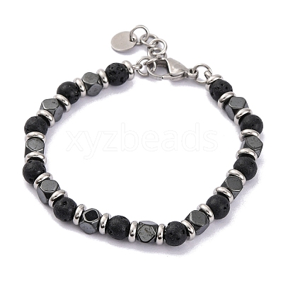 Natural Lava Rock & Magnetic Synthetic Hematite Round Beaded Bracelet X-BJEW-P339-02P-08-1