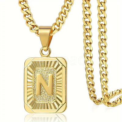 Rectangle with Letter Pattern 304 Stainless Steel Pendant Necklaces FS-WGFC766-49-1