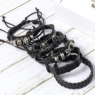 6Pcs 6 Styles PU Imitation Leather Braided Bracelets BJEW-CL0001-52-1