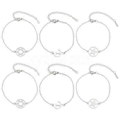 6Pcs 3 Styles 201 Stainless Steel Pentacle Link Bracelets BJEW-UN0001-16P-1