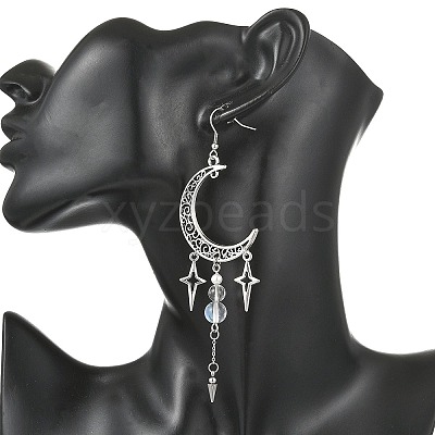 Natural Quartz Crystal & Synthetic Moonstone Beads & Alloy Pendant Chandelier Earrings EJEW-TA00814-1