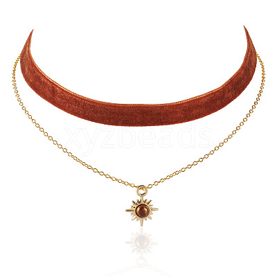 Alloy Resin Sun Pendant Single Face Dark Red Velvet Ribbon & Brass Chain Double Layered Choker Necklaces NJEW-TAC0039-1