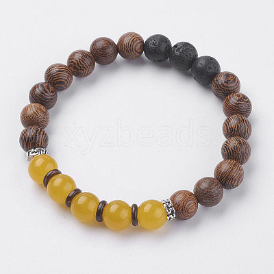 Natural Lava Rock & Wenge Wood Beads & Coconut Stretch Bracelets BJEW-I241-03G-1