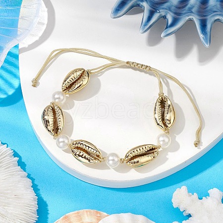 Natural Shell & Acrylic Pearl Braided Bead Bracelets for Women BJEW-JB11262-01-1