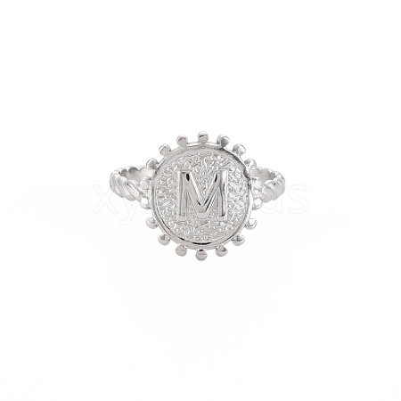 Non-Tarnish 304 Stainless Steel Flat Round with Initial Letter Open Cuff Ring for Men Women RJEW-S405-246P-M-1