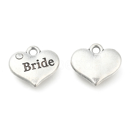 Wedding Theme Antique Silver Tone Tibetan Style Heart with Bride Rhinestone Charms TIBEP-N005-12E-1