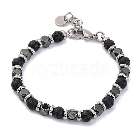 Natural Lava Rock & Magnetic Synthetic Hematite Round Beaded Bracelet X-BJEW-P339-02P-08-1