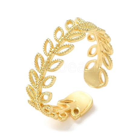 Rack Plating Leaf Brass Open Cuff Ring for Women RJEW-S413-05G-1