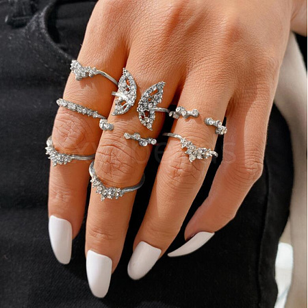 8Pcs Alloy with Crystal Rhinestone Finger Rings WG3531F-08-1