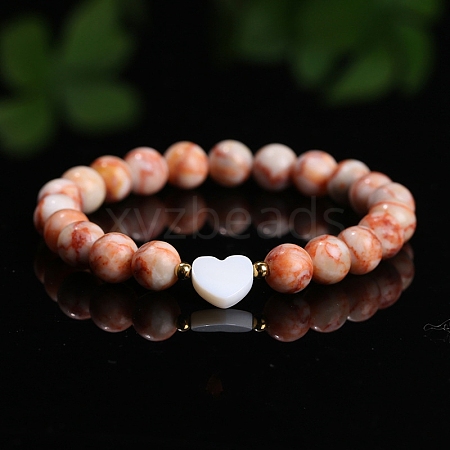 Natural Red Line Jasper Heart & Round Beads Stretch Bracelets for Men & Women PW-WG82341-02-1