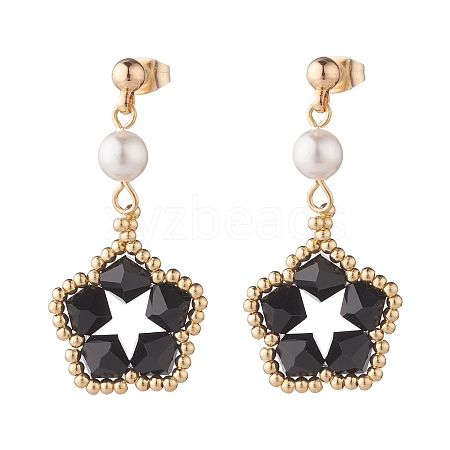 Pentagon and Shell Pearl Dangle Stud Earrings EJEW-TA00056-02-1