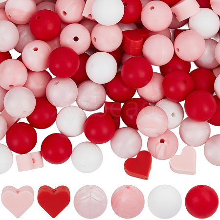150Pcs 6 Styles Round & Heart Silicone Beads SIL-PA0001-37-1
