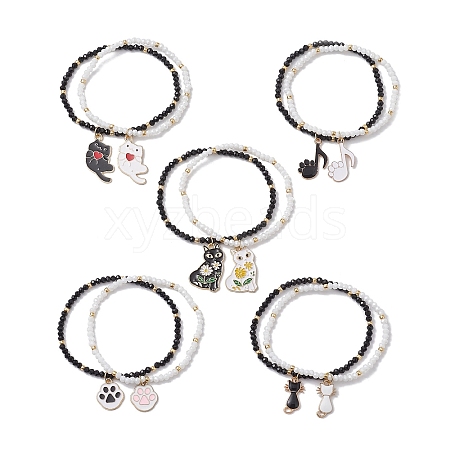 2Pcs Cat/Paw Print Alloy Enamel Charm Bracelets BJEW-JB10511-1