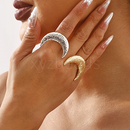 Textured Moon Alloy Open Cuff Rings RJEW-U006-03P-1