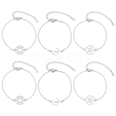 6Pcs 3 Styles 201 Stainless Steel Pentacle Link Bracelets BJEW-UN0001-16P-1