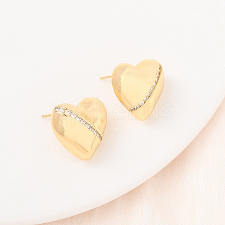 Heart Brass Micro Pave Clear Cubic Zirconia Stud Earrings EJEW-D346-03G-1