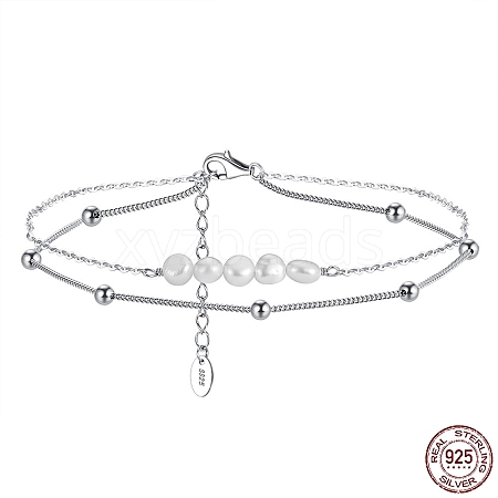 Rhodium Plated 925 Sterling Silver Double Layered Chain Anklet with Natural Freshwater Pearls AJEW-F162-013P-1