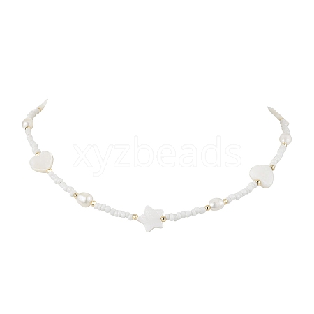 Heart Star Glass Seed Beads & Natural Cultured Freshwater Pearl & Shell Beaded Necklaces NJEW-TA00172-1