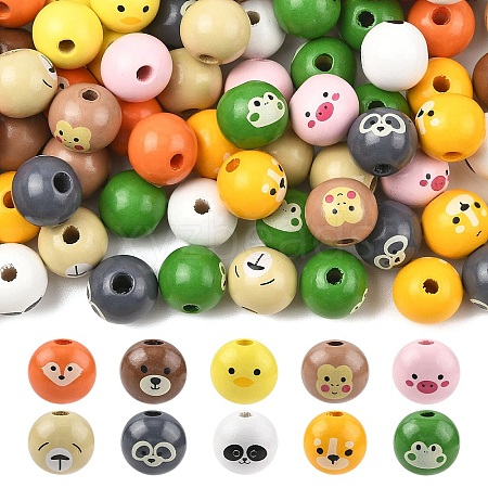 100Pcs 10 Styles Animal Themes Printed Wood European Beads WOOD-YW0001-87-1