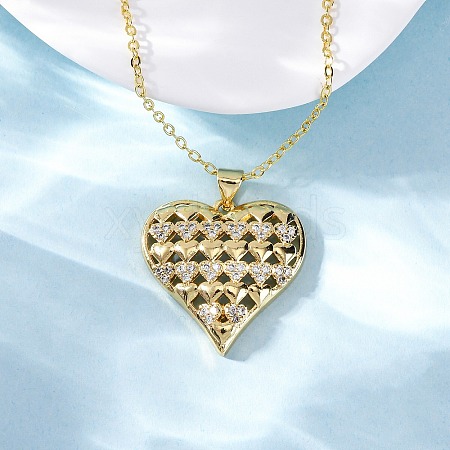 Brass Micro Pave Clear Cubic Zirconia Heart Pendant Necklaces for Women NJEW-S438-07A-G-1