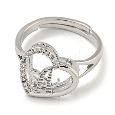 Heart with Letter Rack Plating Brass Micro Pave Cubic Zirconia Adjustable Rings for Women RJEW-I105-06P-A-1
